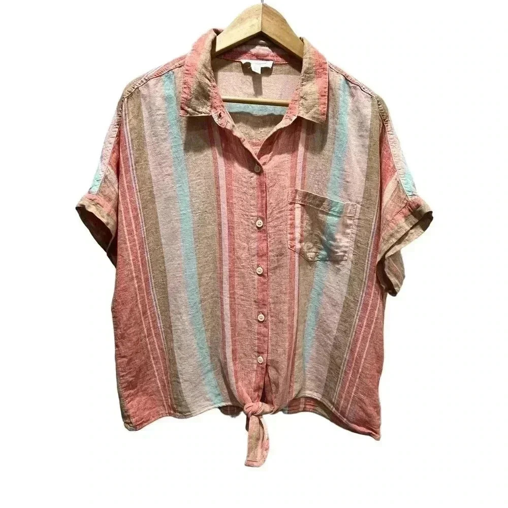 beachlunchlounge Pink and Blue Crop Button Down Shirt